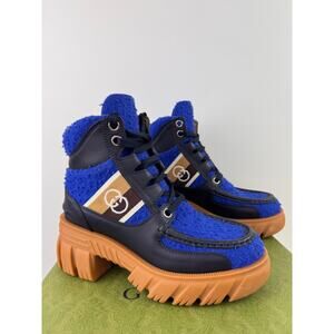 GUCCI Blue Tan Cast Wool Quebeck Calfskin Chunky Heel Boots Lace Up Size 36.5